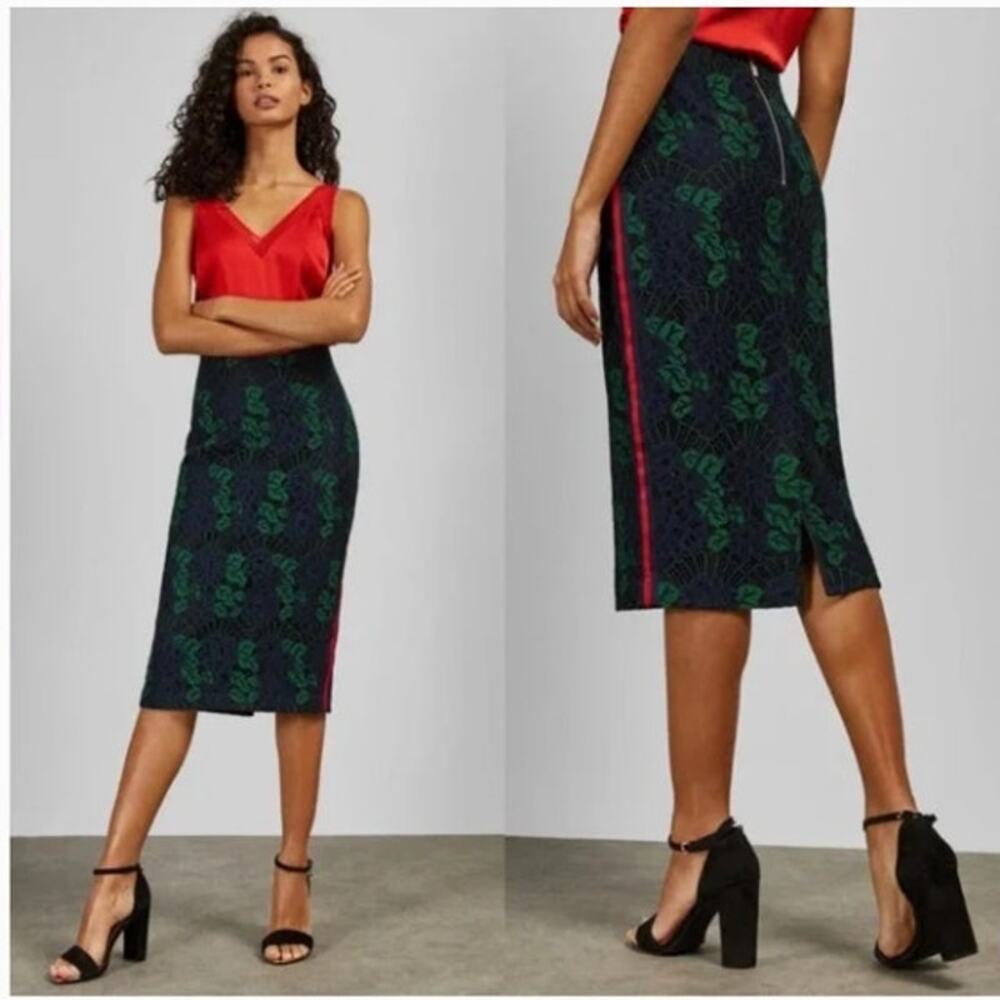 Ted Baker Zinnias Green Floral Lace Pencil Sheath Skirt Red Stripes High Rise 4